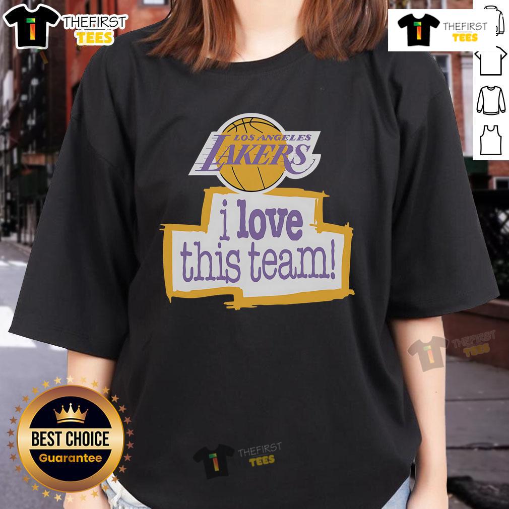 Alt Text: Official Los Angeles Lakers Hardwood Classics 'I Love This Team' ladies tee featuring vibrant team colors and logo.