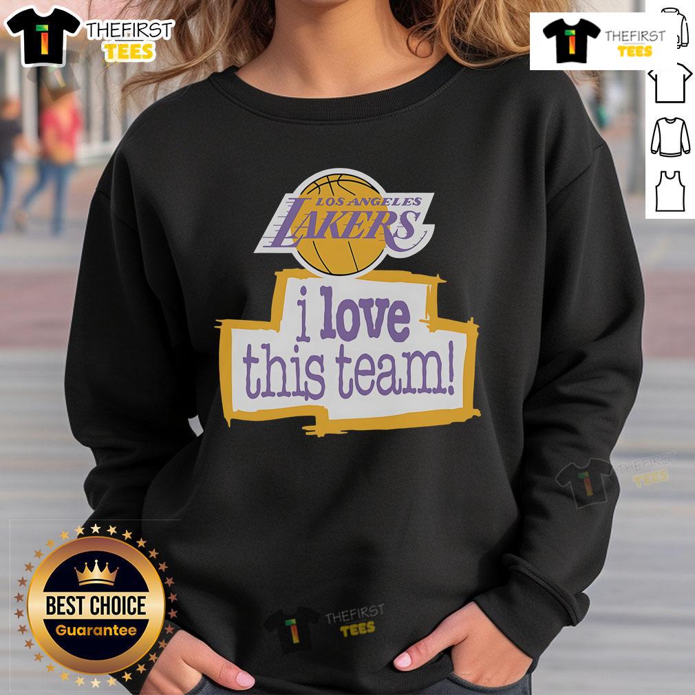 Alt Text: Official Los Angeles Lakers Hardwood Classics I Love This Team sweatshirt featuring vibrant team colors and logo.