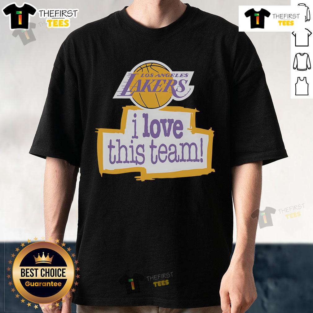 Alt Text: Official Los Angeles Lakers Hardwood Classics I Love This Team T-Shirt featuring team colors and logo design.