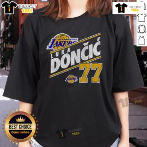 Alt Text: Vintage ladies tee featuring Luka Doncic, Los Angeles Lakers player, number 77, perfect for basketball fans.