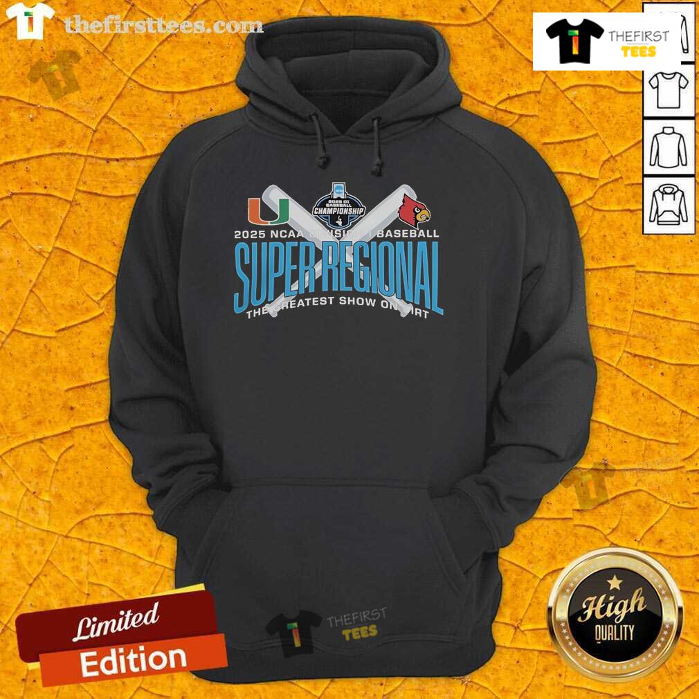 Alt Text: Official Miami Hurricanes vs Coastal Carolina 2025 NCAA Baseball Super Regional hoodie, featuring team logos and colors.