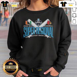 Official Miami Hurricanes vs Coastal Carolina 2025 NCAA Baseball Super Regional sweatshirt featuring team logos.