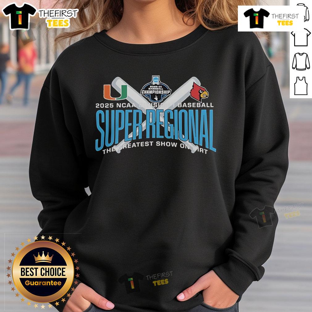 Official Miami Hurricanes vs Coastal Carolina 2025 NCAA Baseball Super Regional sweatshirt featuring team logos.