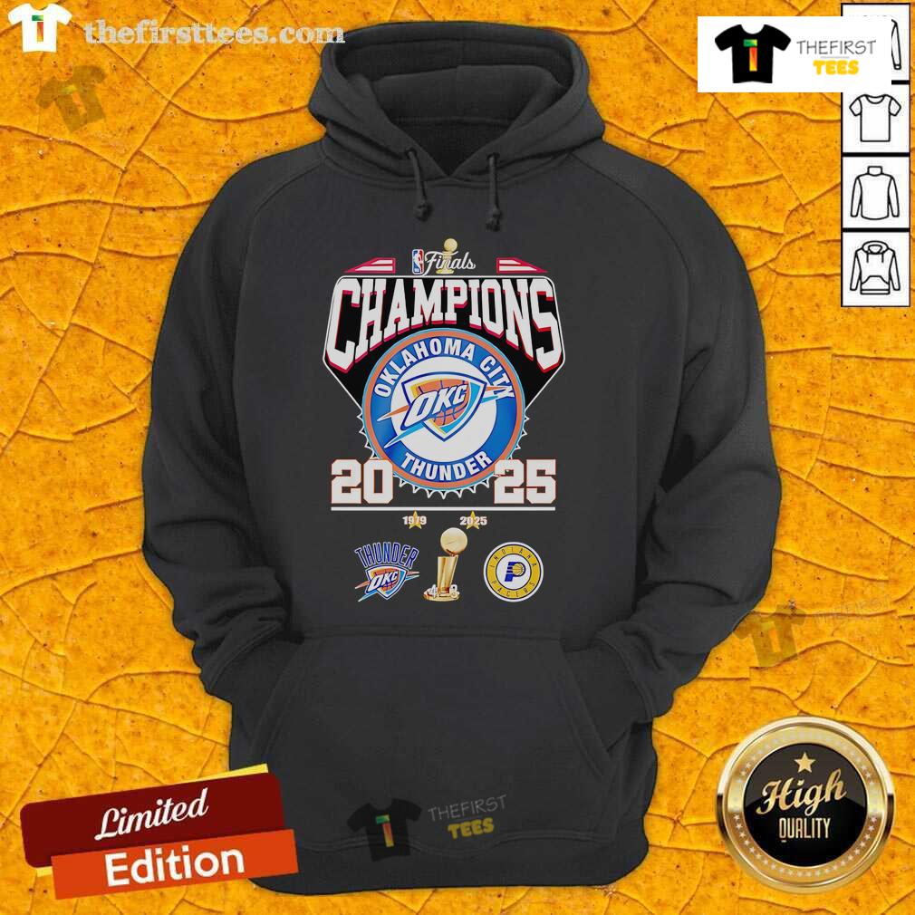 2025 Oklahoma City Thunder hoodie celebrating the Official NBA Finals Champions, featuring team colors and logo.