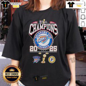 Alt Text: Official NBA Finals Champions 2025 Oklahoma City Thunder ladies tee featuring team logo and stylish design.