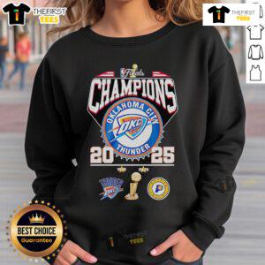 2025 NBA Finals Champions Oklahoma City Thunder sweatshirt featuring team colors and logo, perfect for fans.