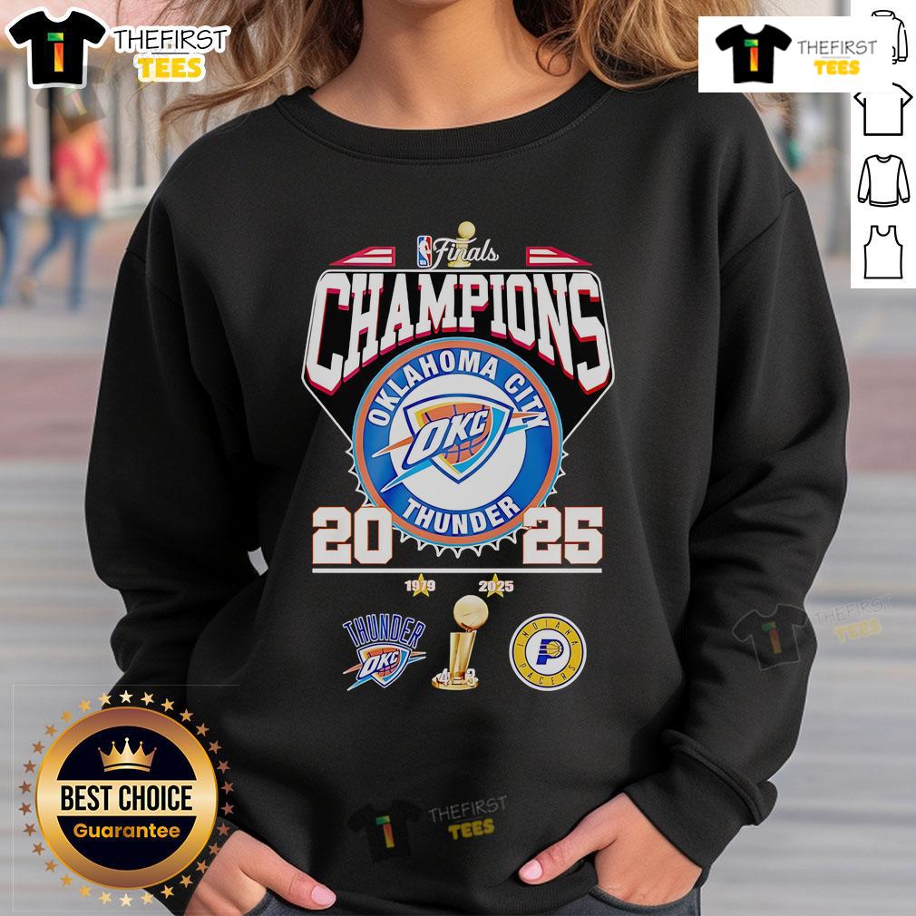 2025 NBA Finals Champions Oklahoma City Thunder sweatshirt featuring team colors and logo, perfect for fans.