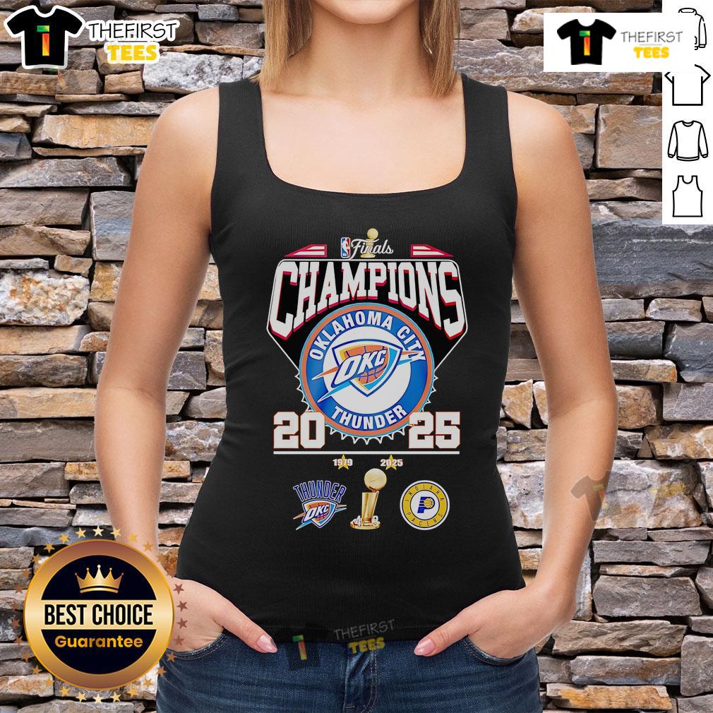 2025 NBA Finals Champions Oklahoma City Thunder tank top, featuring team colors and logo, perfect for fans and collectors.