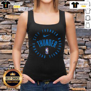 Official NBA OKC Thunder 2025 tank top featuring team logo and vibrant colors, perfect for fans and summer wear.