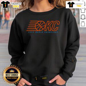 Official OKC 2025 World Champions ball sweatshirt in navy blue, featuring team logo prominently displayed on the front.