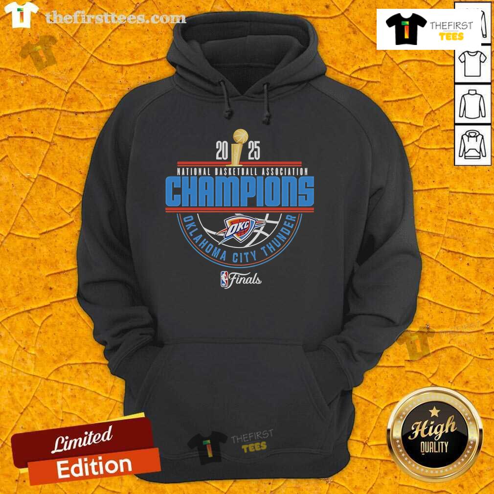 Official OKC Thunder 2025 NBA Champions Arch Hoodie in blue with team logo and championship lettering.