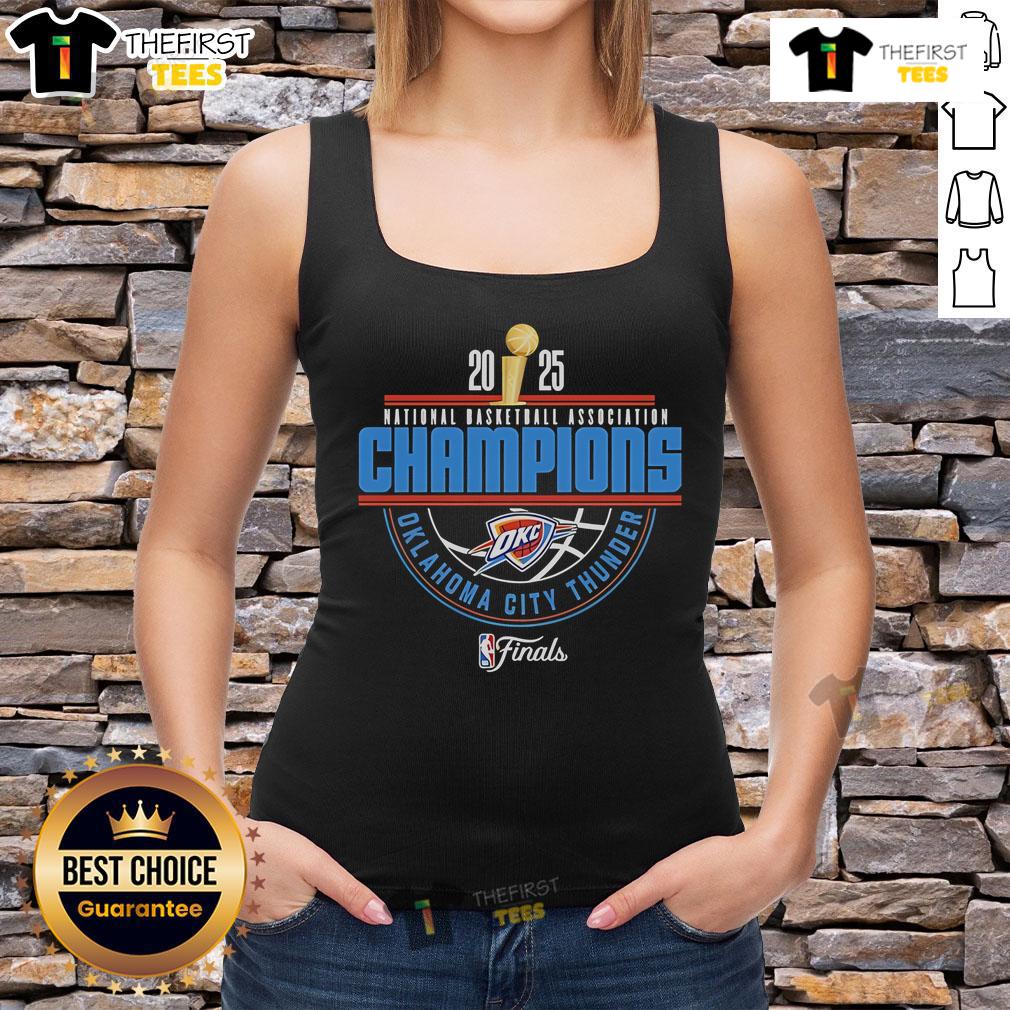 Official OKC Thunder 2025 NBA Champions Arch Tank Top featuring bold team logo and vibrant colors for fans.
