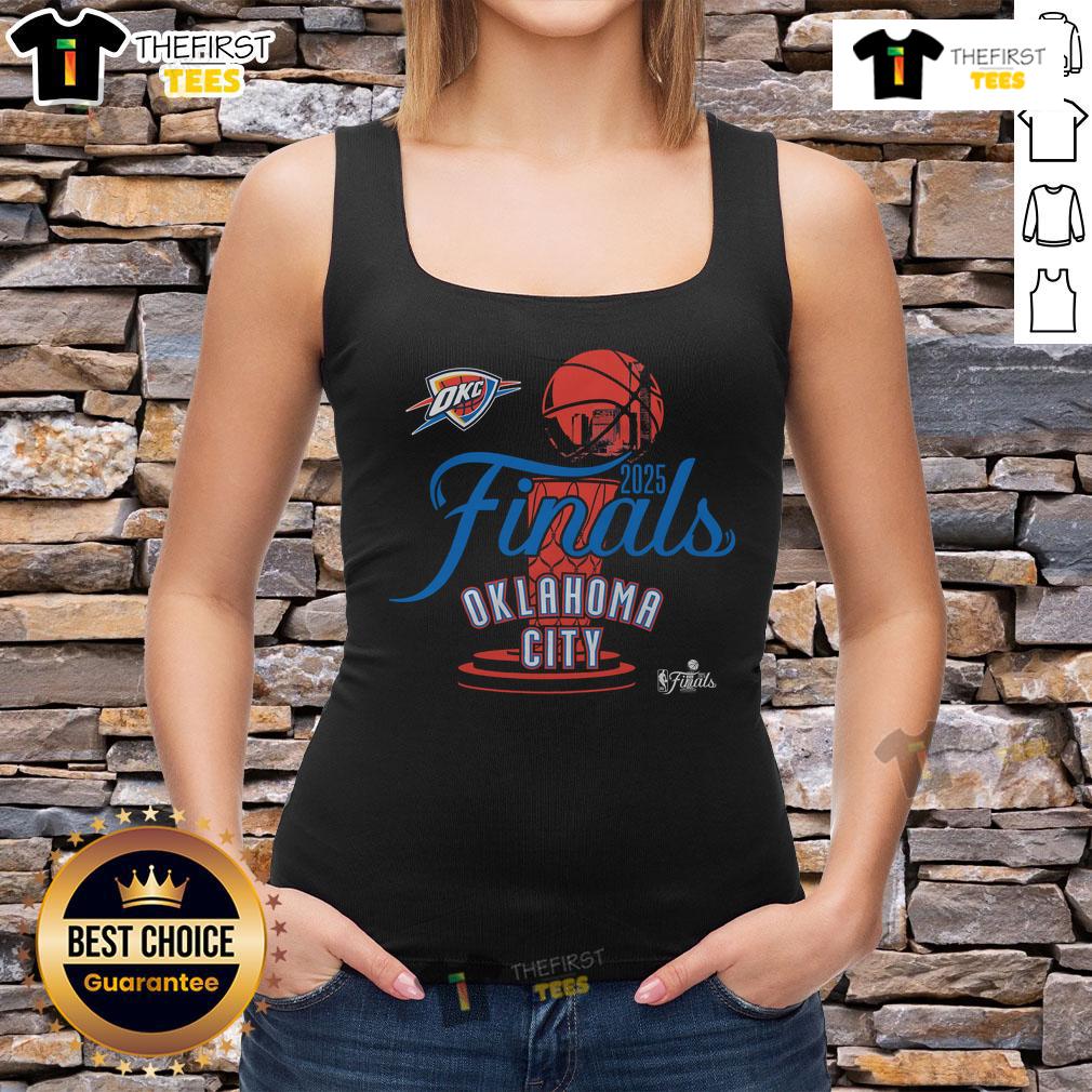 Official Oklahoma City Thunder Stadium Essentials 2025 NBA Finals cruise tank top featuring team colors and logo.