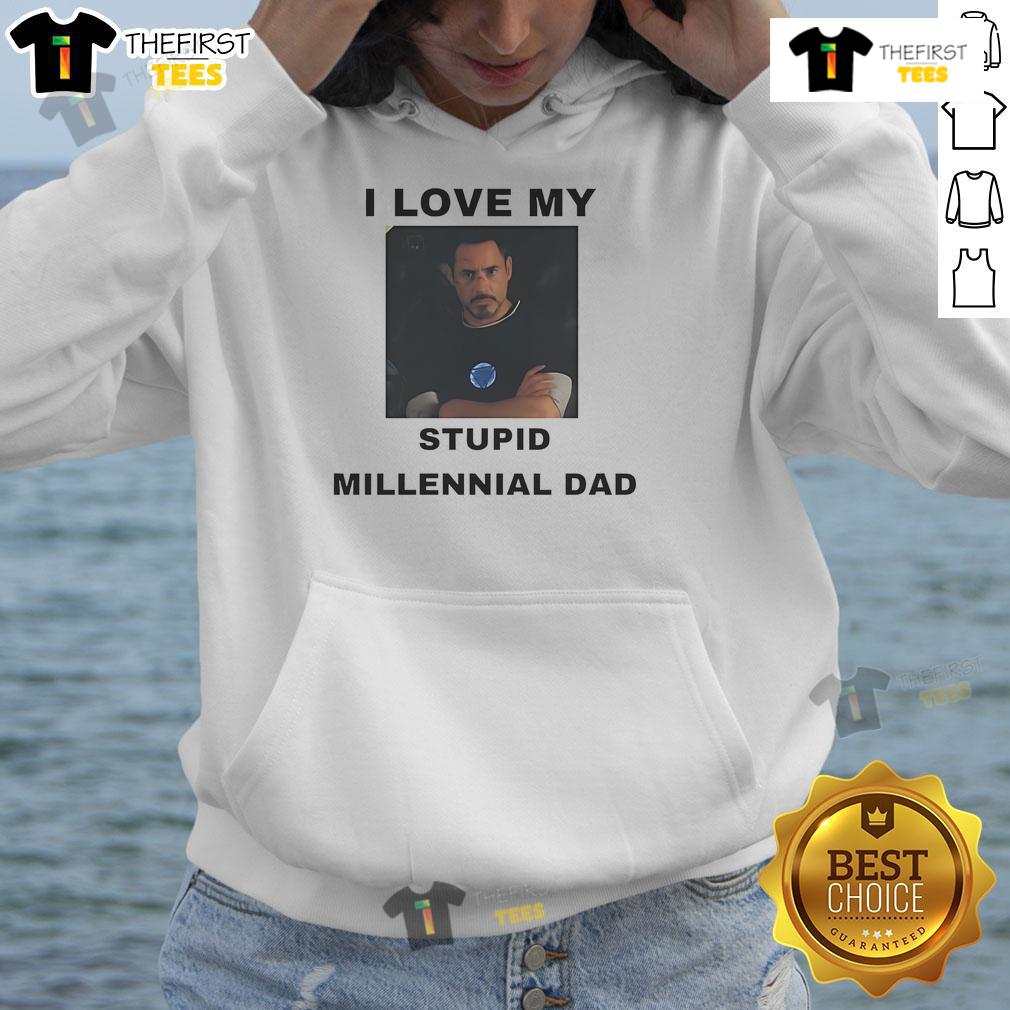 Alt Text: Robert Downey Jr. 'I Love My Stupid Millennial Dad' hoodie showcasing a trendy design for fans and fathers alike.