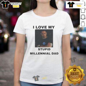 Official Robert Downey Jr. I Love My Stupid Millennial Dad Ladies Tee featuring a stylish design for fans.