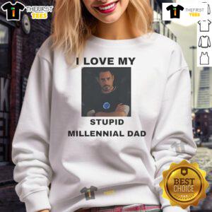 Official Robert Downey Jr. 'I Love My Stupid Millennial Dad' sweatshirt showcasing a fun, stylish design for fans.