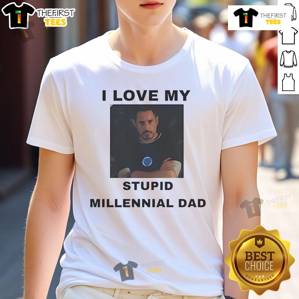 Alt Text: Official Robert Downey Jr. I Love My Stupid Millennial Dad T-Shirt featuring a fun design for proud dads.