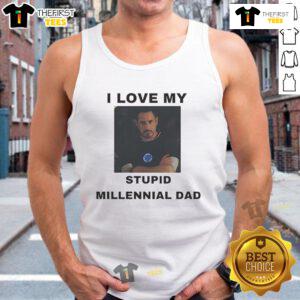 Official Robert Downey Jr. 'I Love My Stupid Millennial Dad' tank top featuring a fun and playful design.