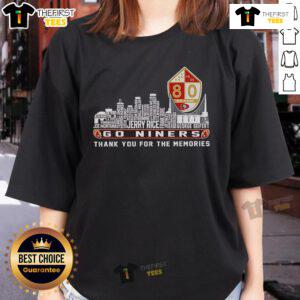 Official San Francisco 49ers 'Go Niners' Ladies Tee celebrating team spirit and memories in vibrant red and gold.