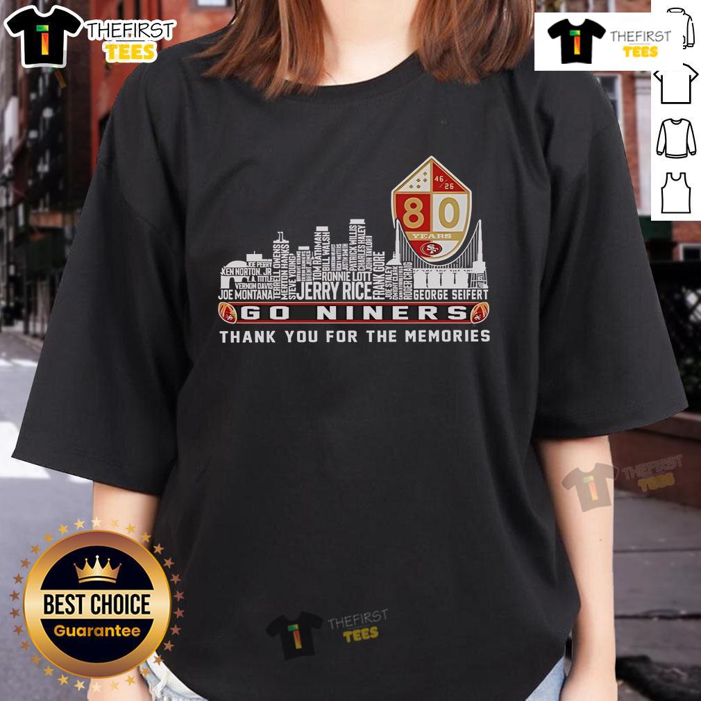 Official San Francisco 49ers 'Go Niners' Ladies Tee celebrating team spirit and memories in vibrant red and gold.