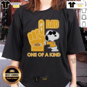 Official Snoopy Los Angeles Lakers 1 DAD ladies tee featuring unique design and vibrant team colors.