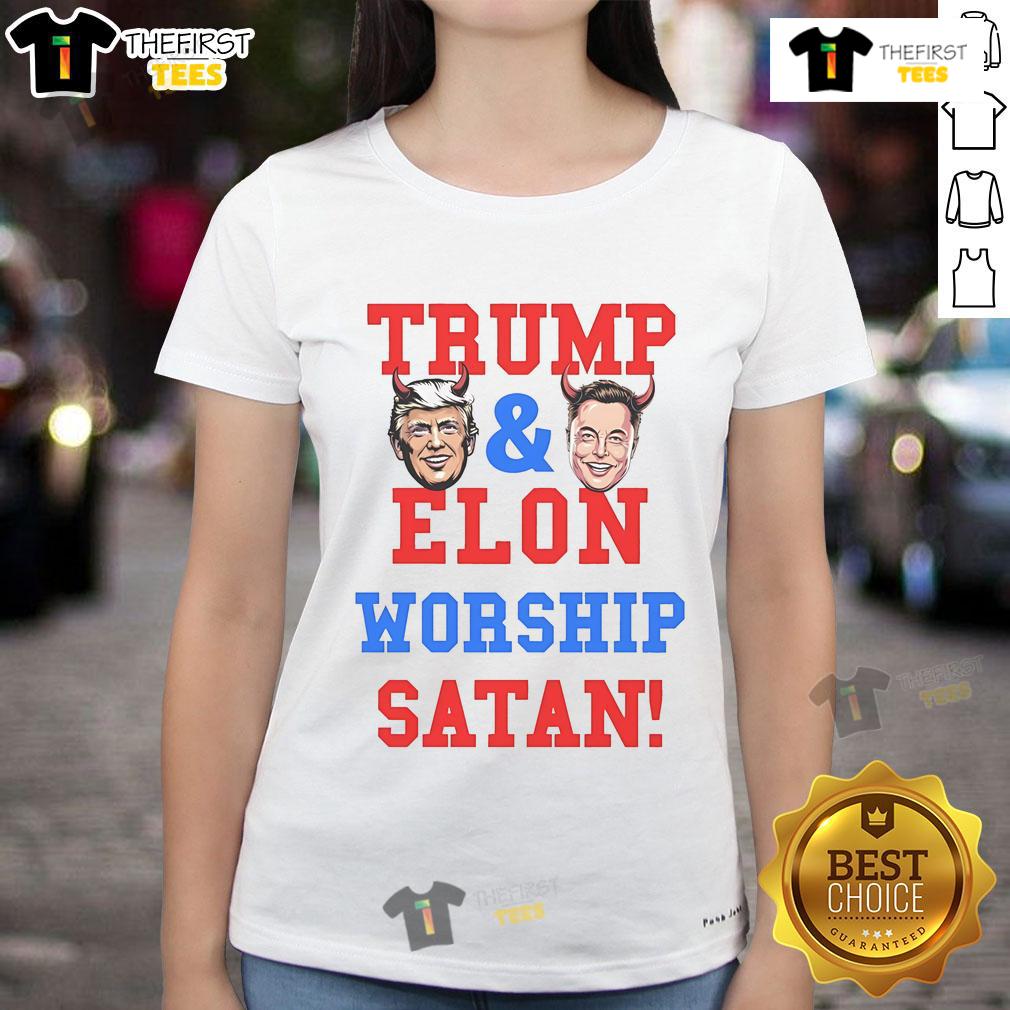 Official Trump and Elon Worship Satan Ladies Tee featuring bold graphics and satire on political figures.