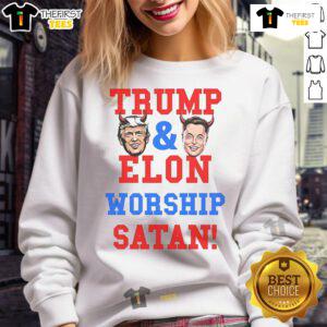 Official Trump and Elon Worship Satan Sweatshirt featuring bold graphics and a unique design for statement fashion.