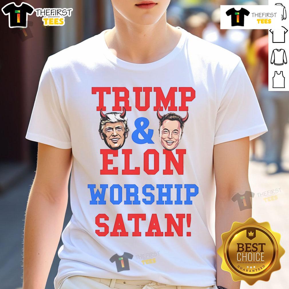 Official Trump and Elon Worship Satan T-Shirt featuring bold graphics of Trump and Musk with a satirical design.