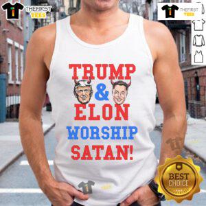 Official Trump and Elon Worship Satan tank top featuring bold graphics of Trump and Elon Musk with edgy design elements.