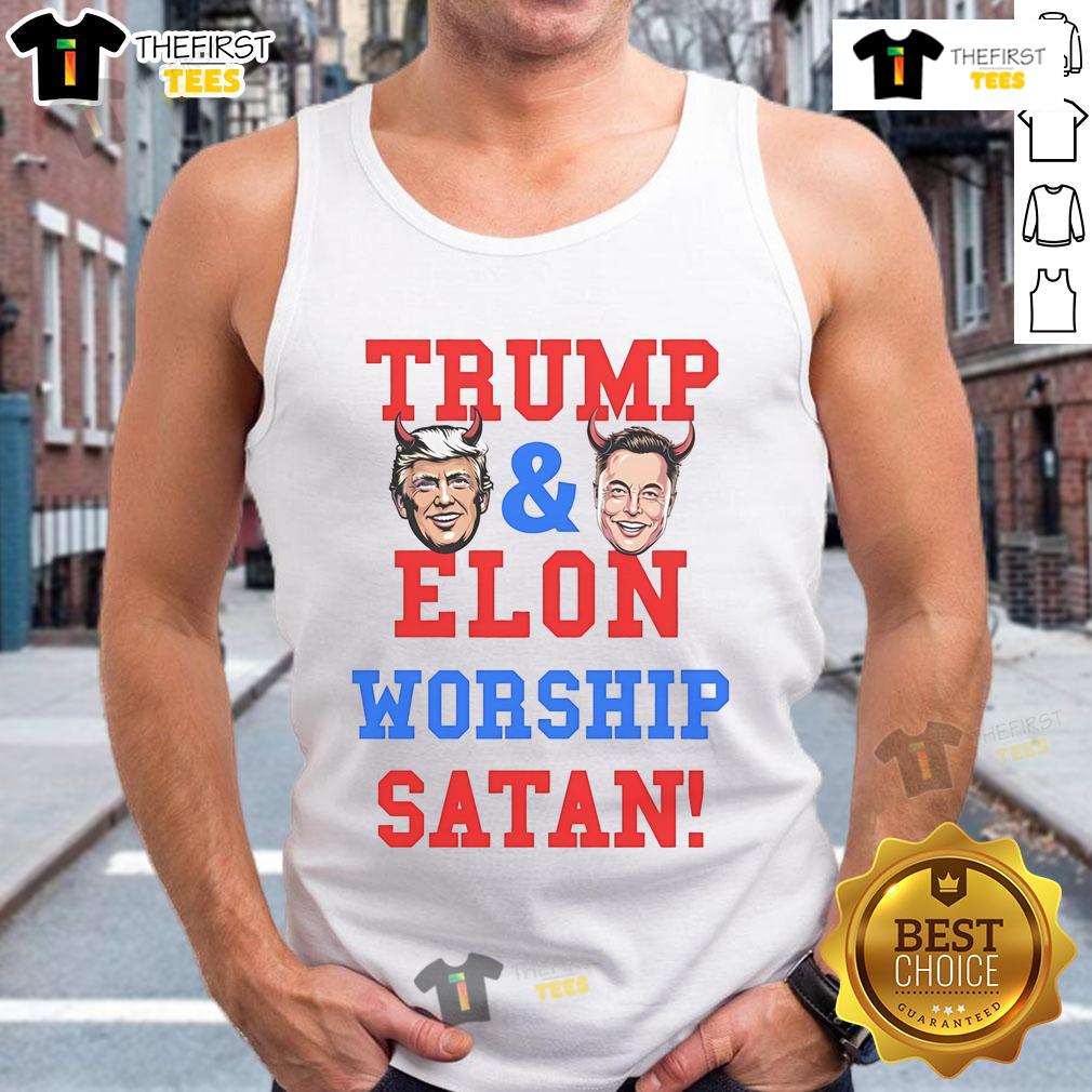 Official Trump and Elon Worship Satan tank top featuring bold graphics of Trump and Elon Musk with edgy design elements.
