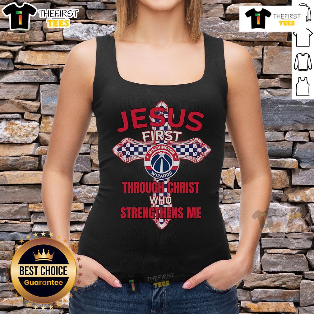 Official Washington Wizards tank top featuring 'Jesus First Through Christ Who Strengthens Me' design.