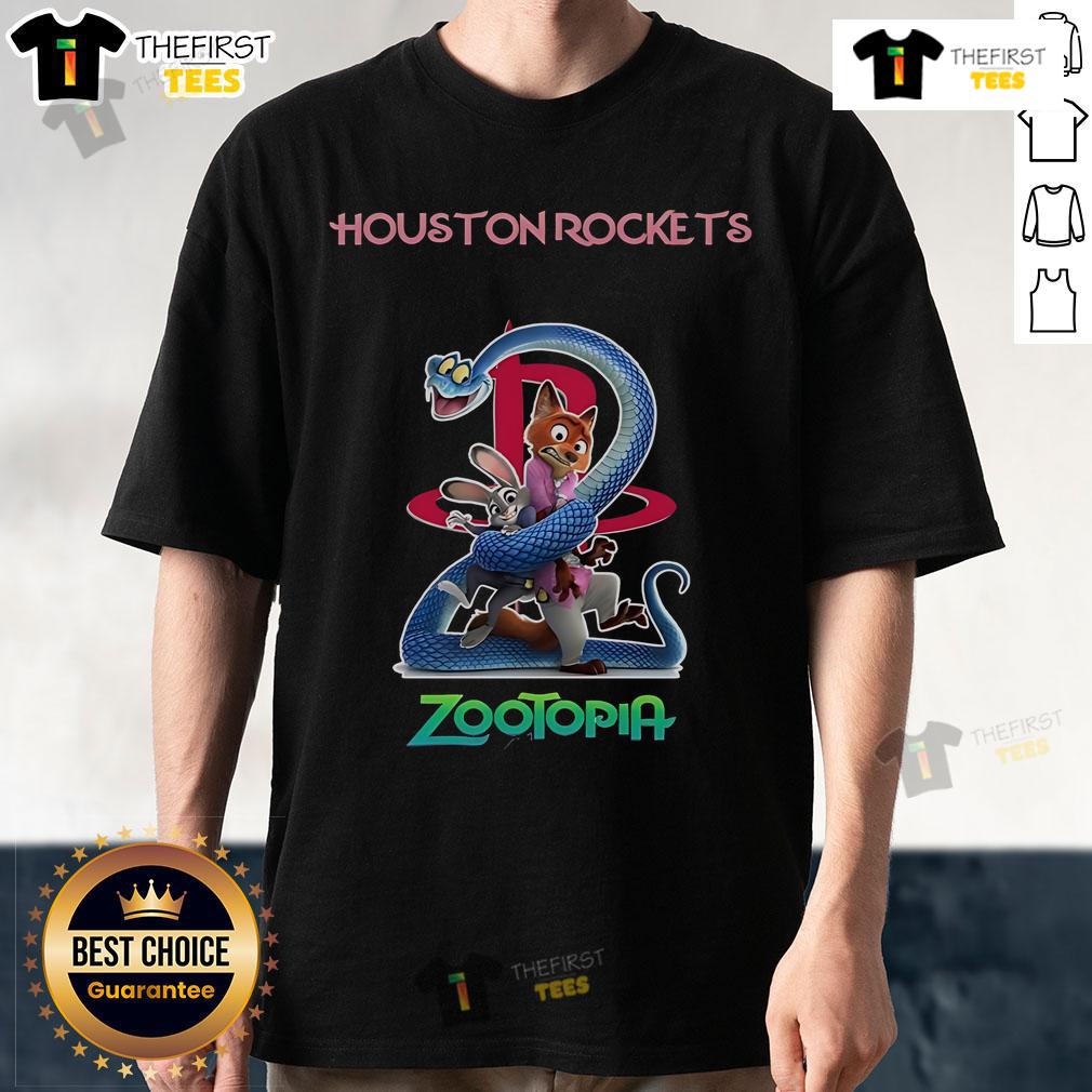 Alt Text: Original Houston Rockets Zootopia 2 T-Shirt featuring vibrant graphics and a unique design for fans and collectors.