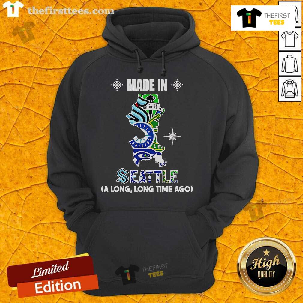 Original Made In Seattle A Long Long Time Ago Hoodie in navy blue, featuring a classic design and comfortable fit.