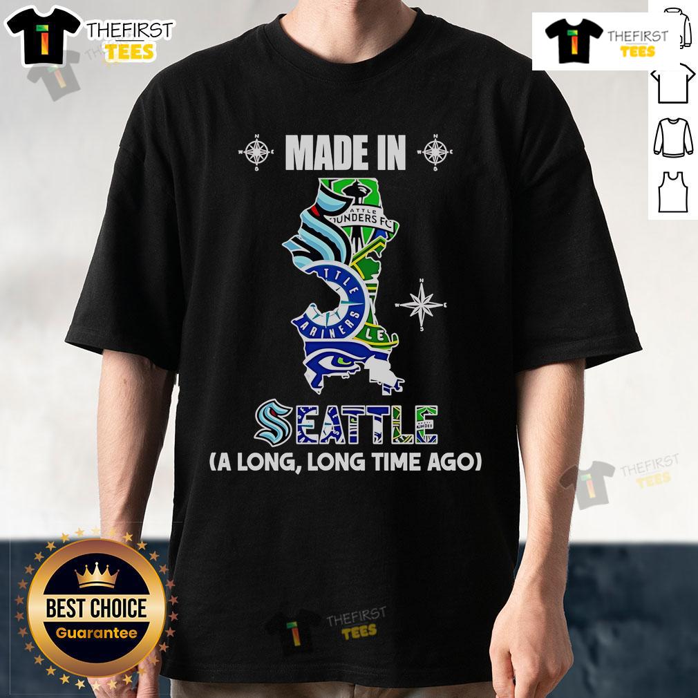 Alt Text: Original Made In Seattle A Long Long Time Ago T-Shirt featuring vintage design and iconic Seattle skyline illustration.