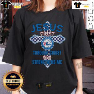 Alt Text: Original Philadelphia 76ers Jesus Tee for ladies featuring 'I can do all things through Christ who strengthens me' design.