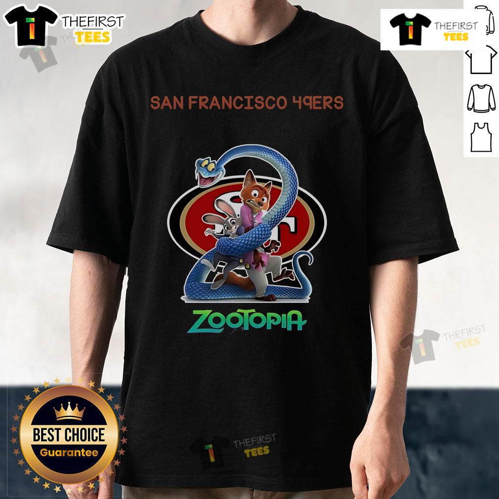 Alt Text: Original San Francisco 49ers Zootopia 2 T-Shirt featuring vibrant graphics and team colors, perfect for fans.