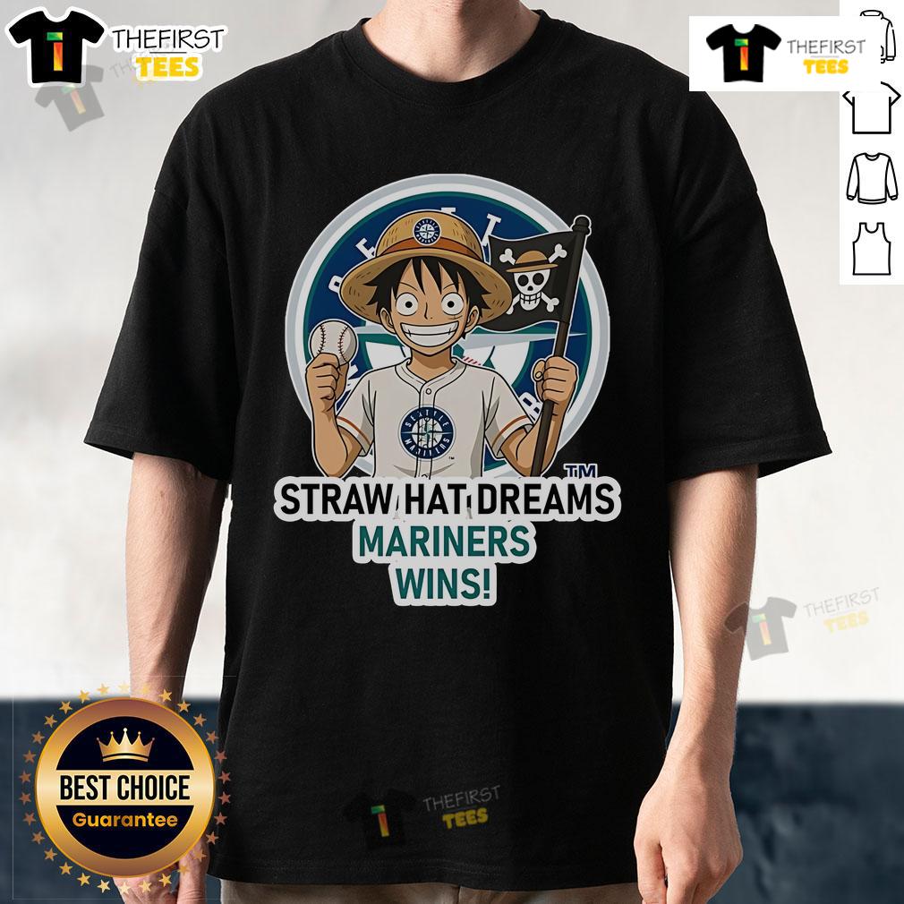 Alt Text: Original Seattle Mariners Monkey D. Luffy Straw Hat Dreams Wins T-Shirt featuring vibrant graphics and unique design.