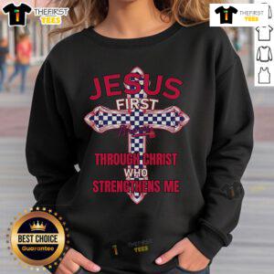 Premium Atlanta Braves sweatshirt featuring 'Jesus First, Through Christ Who Strengthens Me' design in vibrant colors.