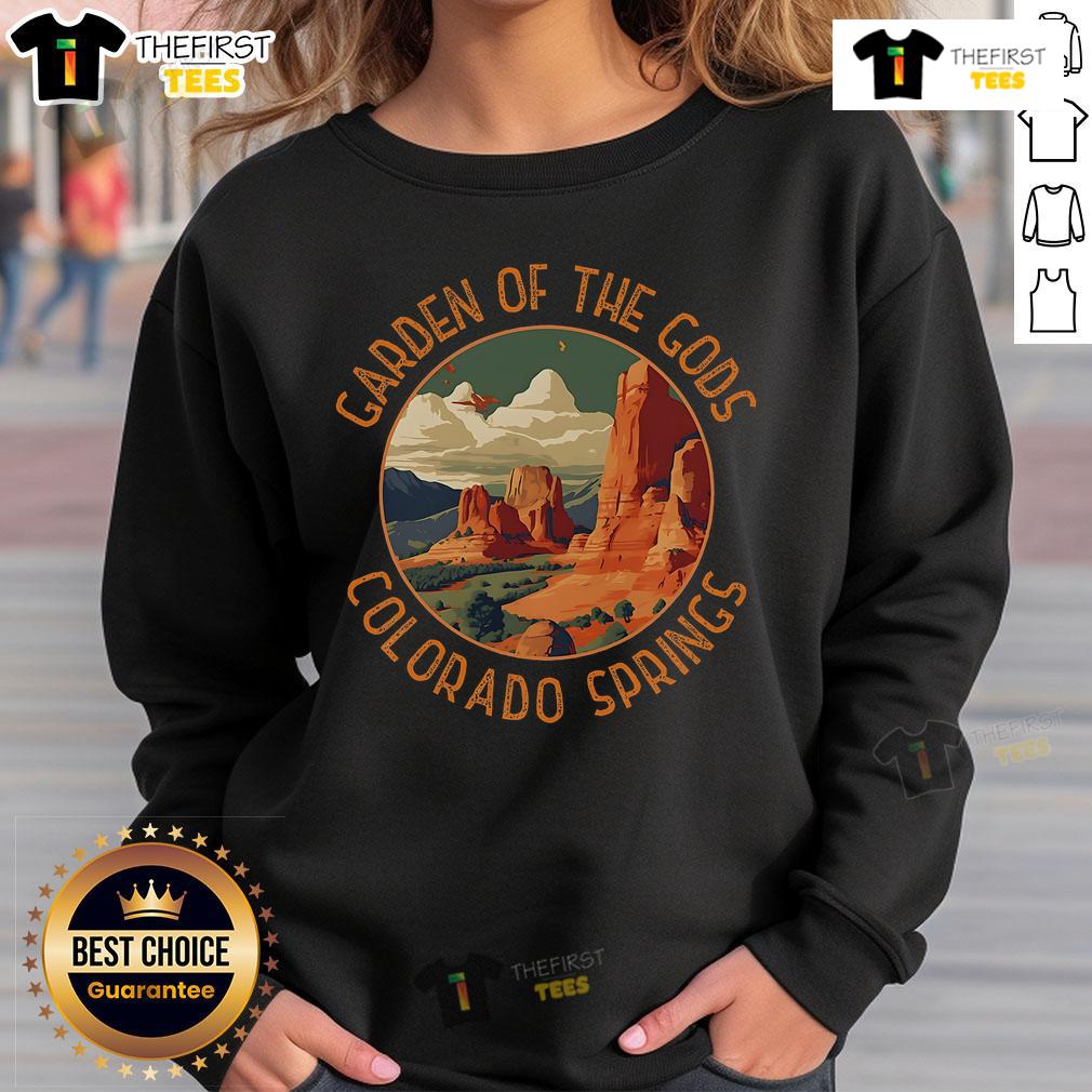 Premium Garden of the Gods Colorado Springs distressed circle sweatshirt in a casual outdoor setting.