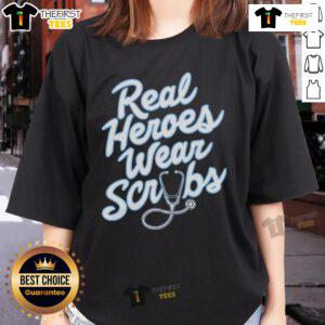 Premium Real Heroes Wear Scrubs Ladies Tee showcasing a stylish design perfect for healthcare professionals.