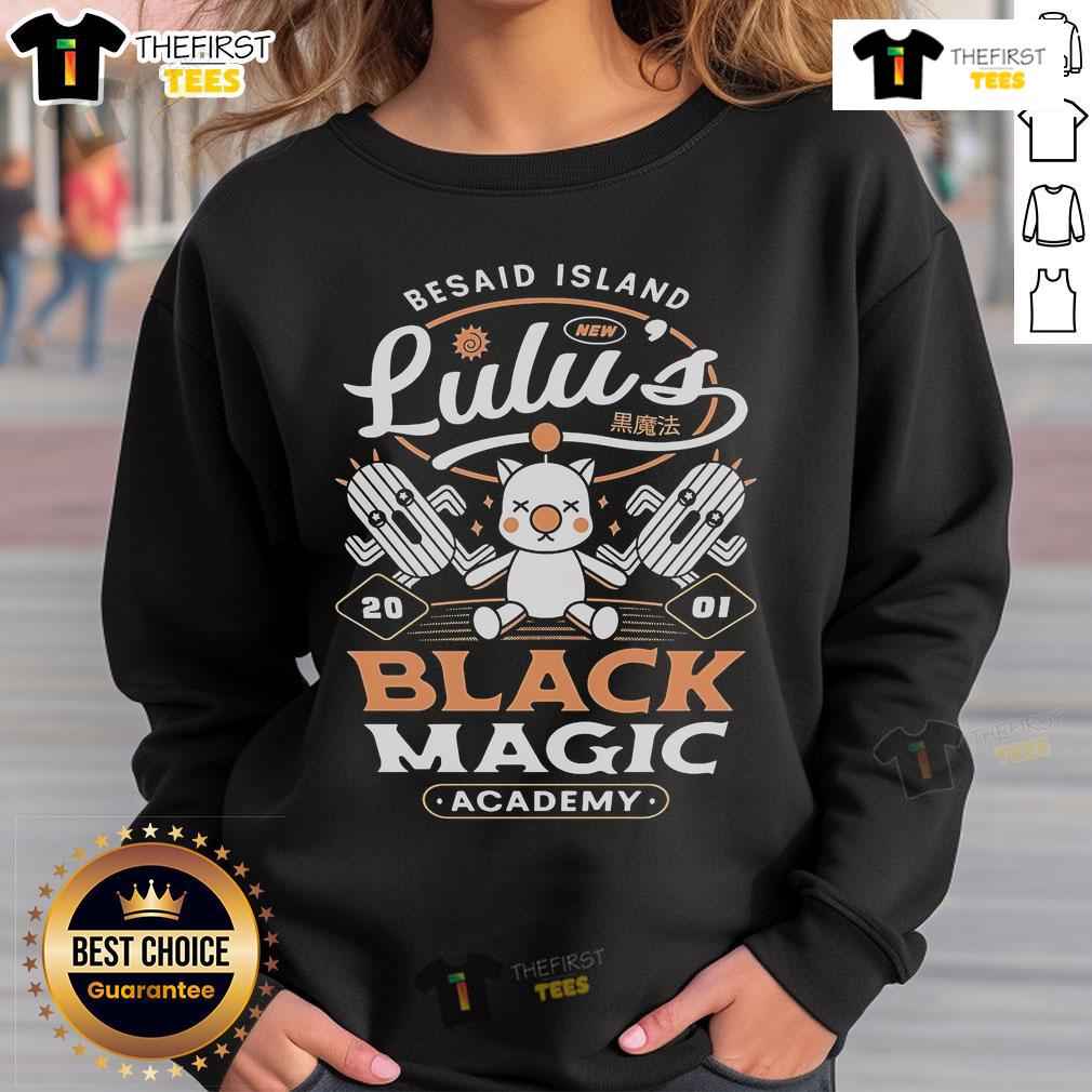 Alt Text: Stylish Pretty Besaid Island Lulus Black Magic Academy sweatshirt featuring vibrant graphics and a cozy design.