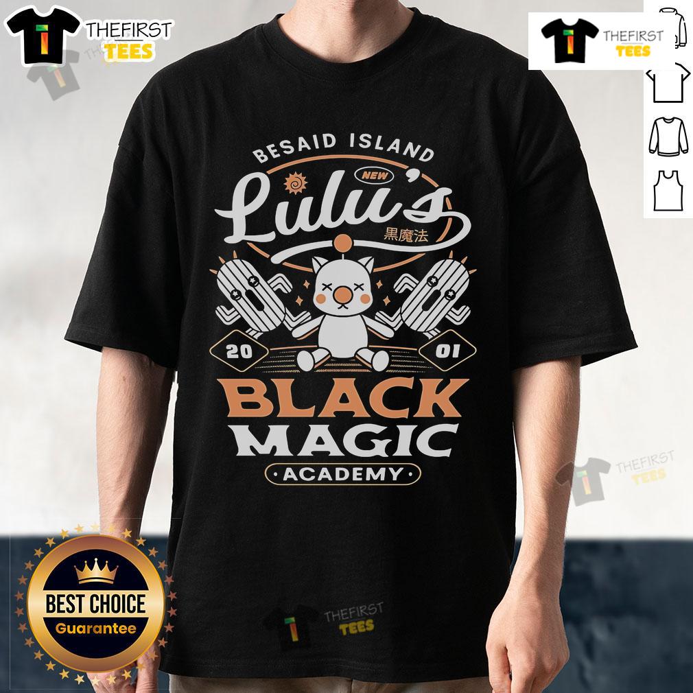 Alt Text: Pretty Besaid Island Lulu's Black Magic Academy T-Shirt featuring vibrant graphics and stylish design.