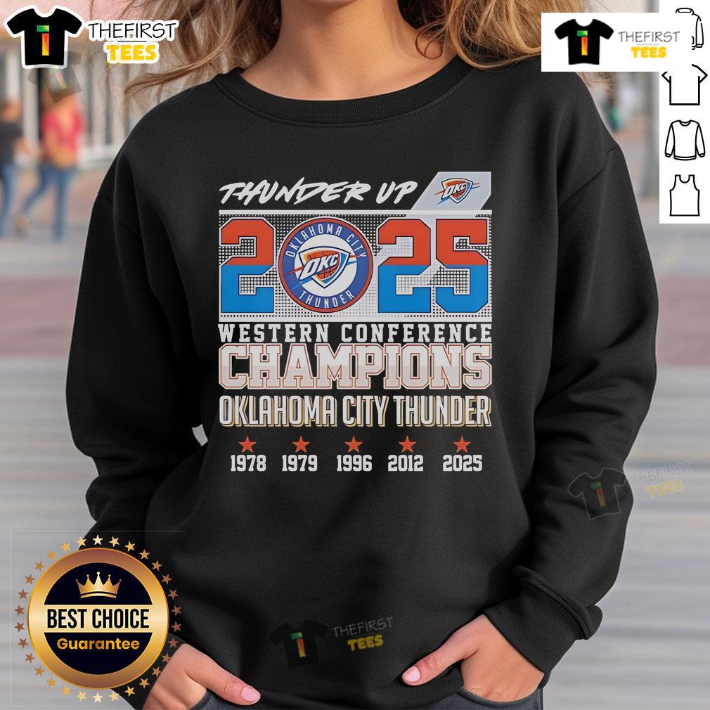 Pretty Thunder 2025 Western Conference Champions Oklahoma City Thunder sweatshirt featuring team colors and logo.