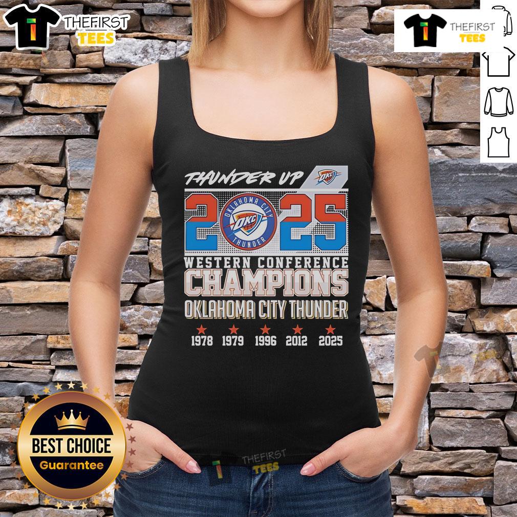 Pretty Thunder Up 2025 Western Conference Champions Oklahoma City Thunder tank top showcasing team pride and vibrant colors.
