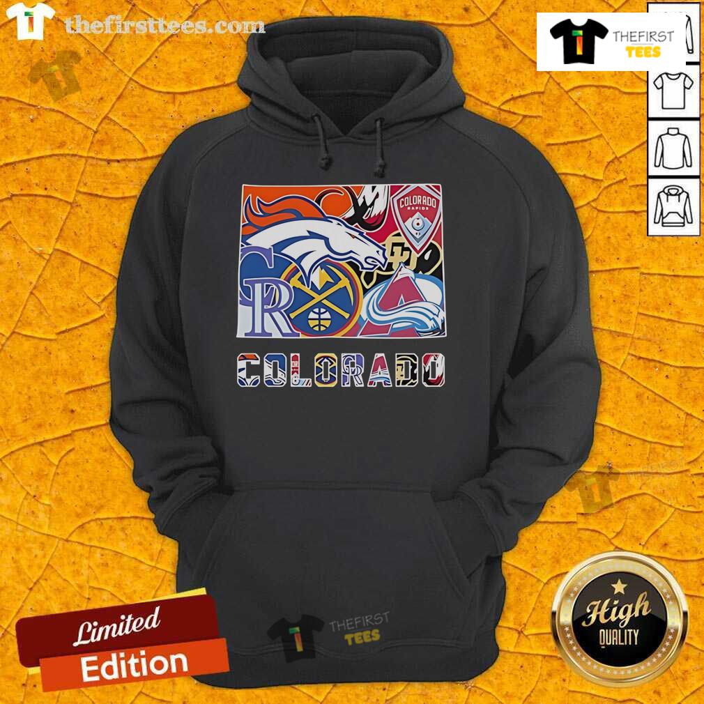 Top Colorado sports team logos on a hoodie: Broncos, Rapids, Rockies, Nuggets, Buffaloes, and Avalanche.