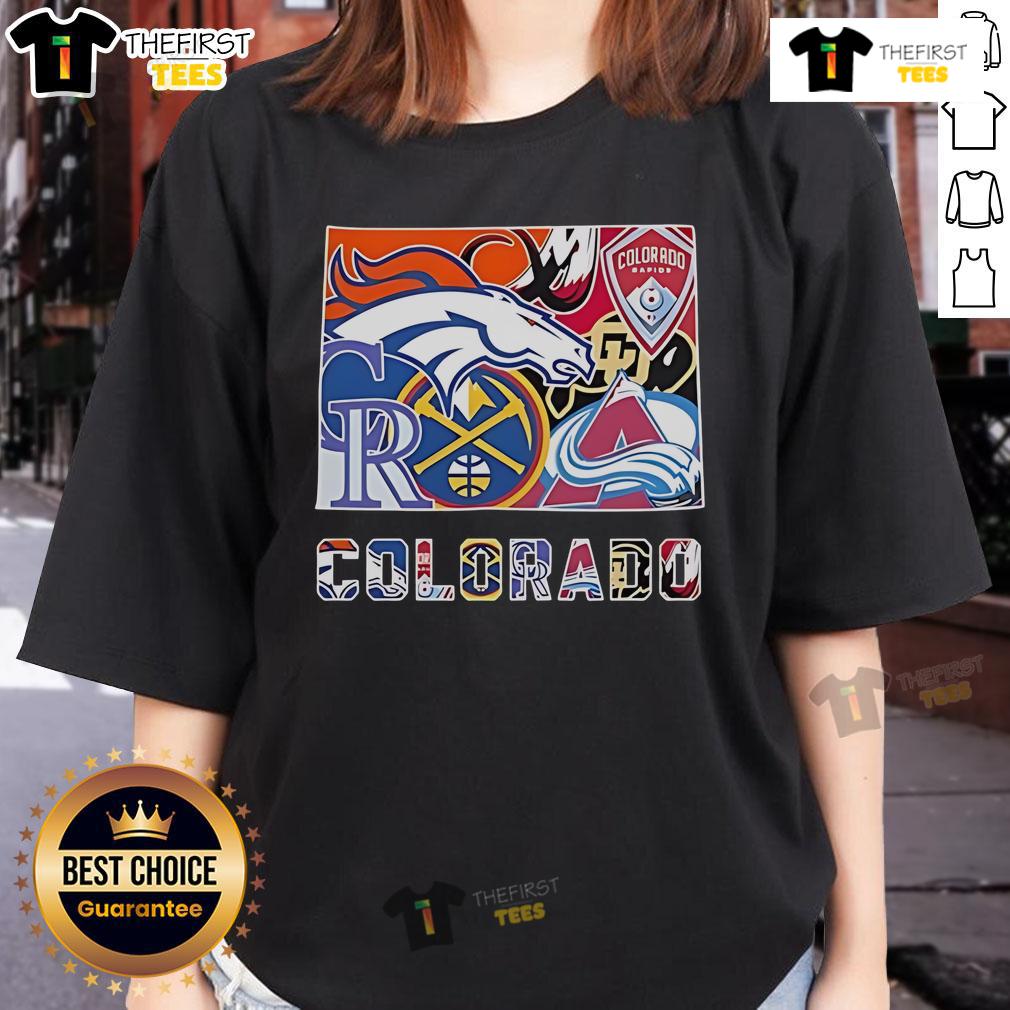 Top Colorado sports team logos: Broncos, Rapids, Rockies, Nuggets, Buffaloes, and Avalanche on a ladies tee.