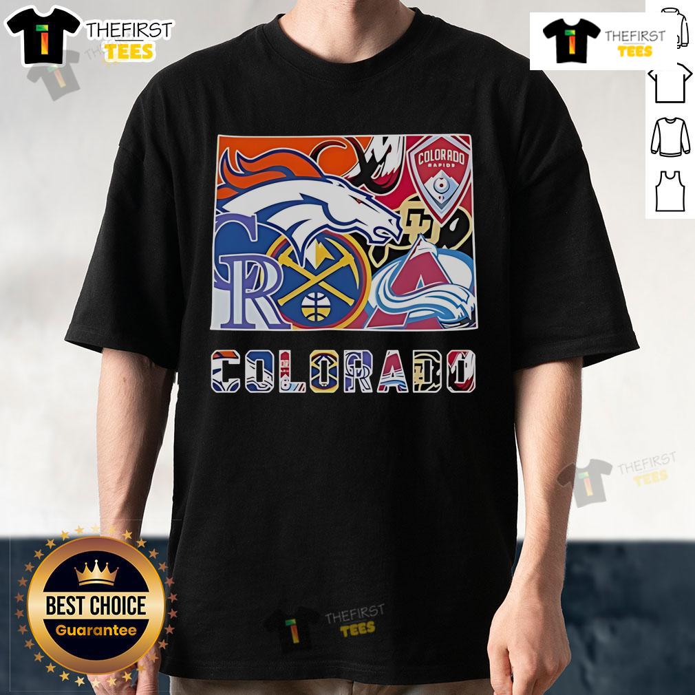 Top Colorado sports team logos on a t-shirt: Broncos, Rapids, Rockies, Nuggets, Buffaloes, and Avalanche.