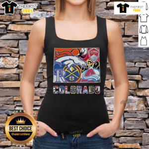 Colorado sports team tank top featuring logos of the Broncos, Rapids, Rockies, Nuggets, Buffaloes, and Avalanche.