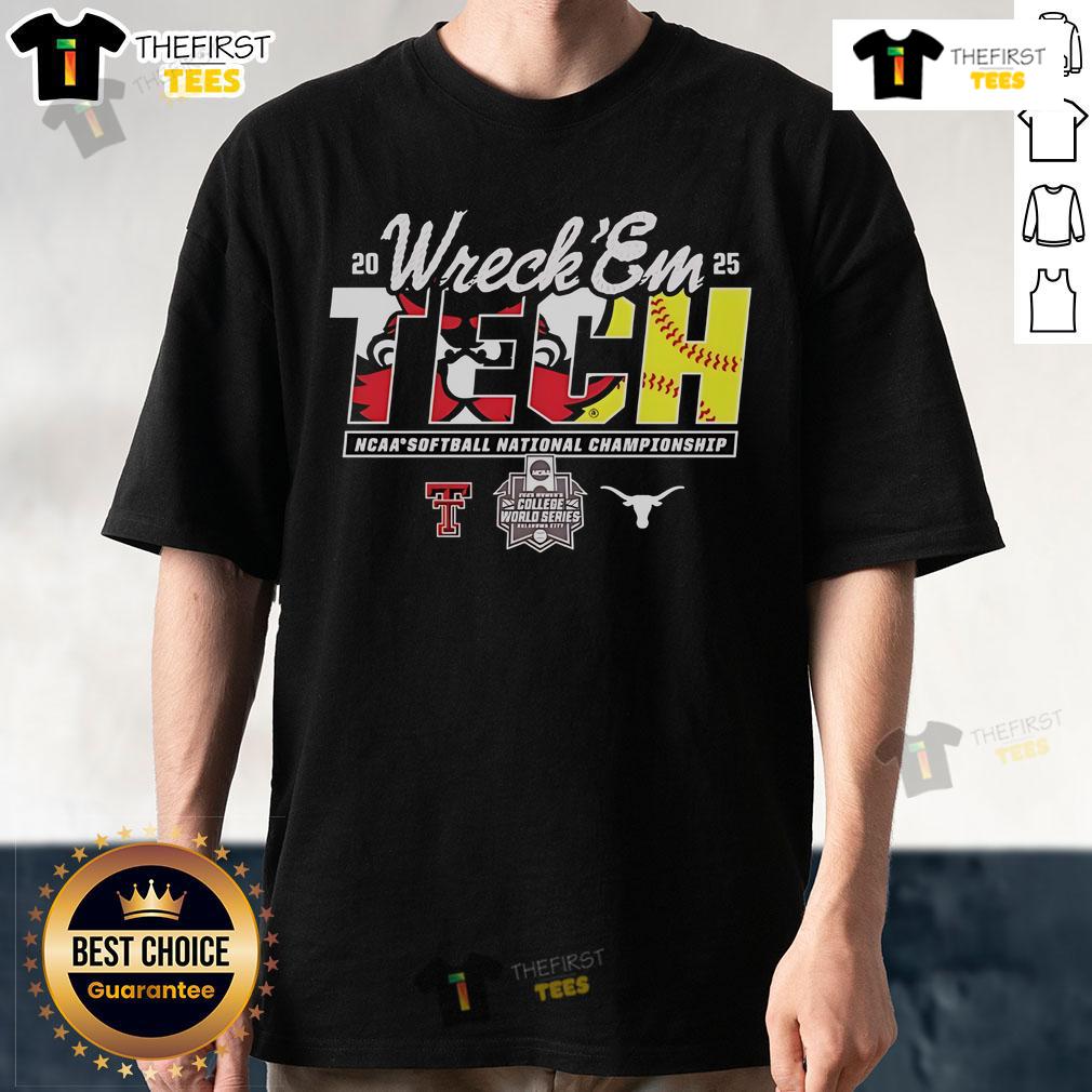 Alt Text: Top Texas Tech Vs Texas Longhorns Wreck 'Em NCAA Softball National Championship 2025 T-Shirt design featuring team logos.