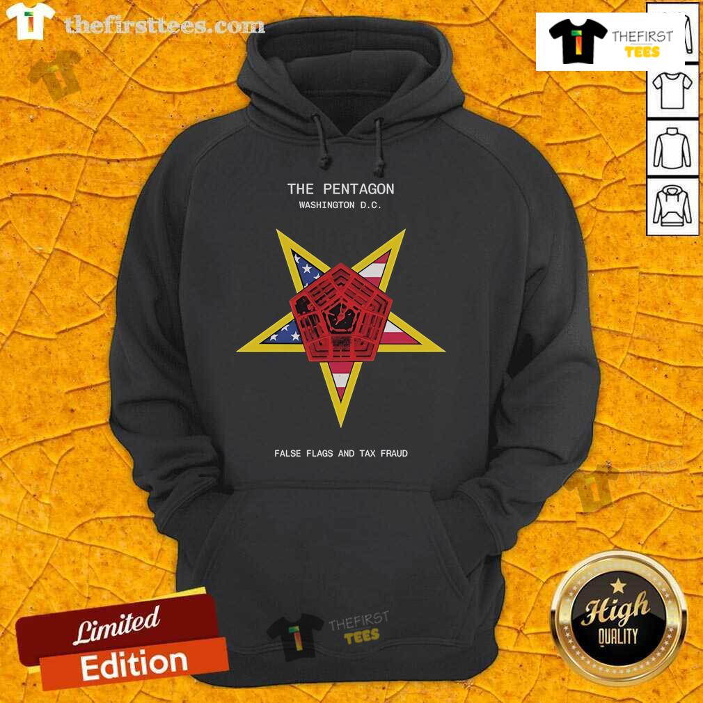 Top view of The Pentagon hoodie featuring 'False Flags and Tax Fraud' design, perfect for unique streetwear in Washington, DC.